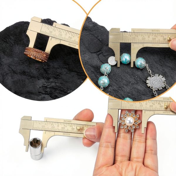 Brass Pocket Caliper with Double Scale Sliding, Measuring Tool mm/inch Sliding Gauge Mini Vernier Caliper for Bead Wire Jewels Rings Measurement(100mm), 1 Pack-3
