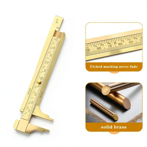 Brass Pocket Caliper with Double Scale Sliding, Measuring Tool mm/inch Sliding Gauge Mini Vernier Caliper for Bead Wire Jewels Rings Measurement(100mm), 1 Pack-1